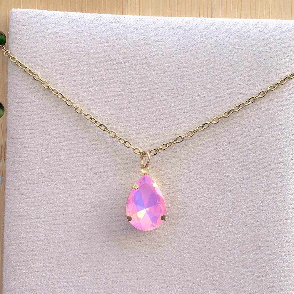 Pink Opal Aurora Borealis Pear Teardrop Crystal Pendant Necklace - Picture 13 of 14